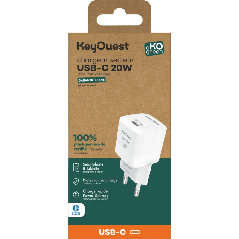 Chargeur secteur 1 port USB-C 20W blanc