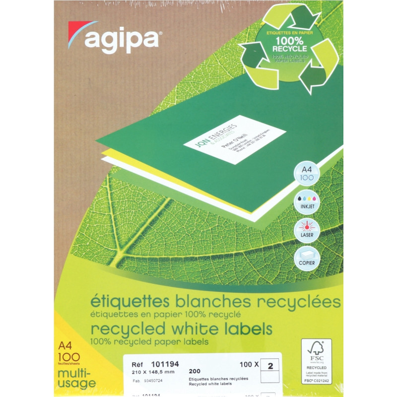 Boîte de 200 étiquettes multi-usages blanches recyclées 148,5x210mm