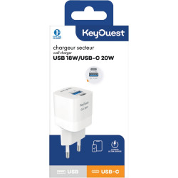Chargeur secteur 2 port USB 18W/USB-C 20W blanc