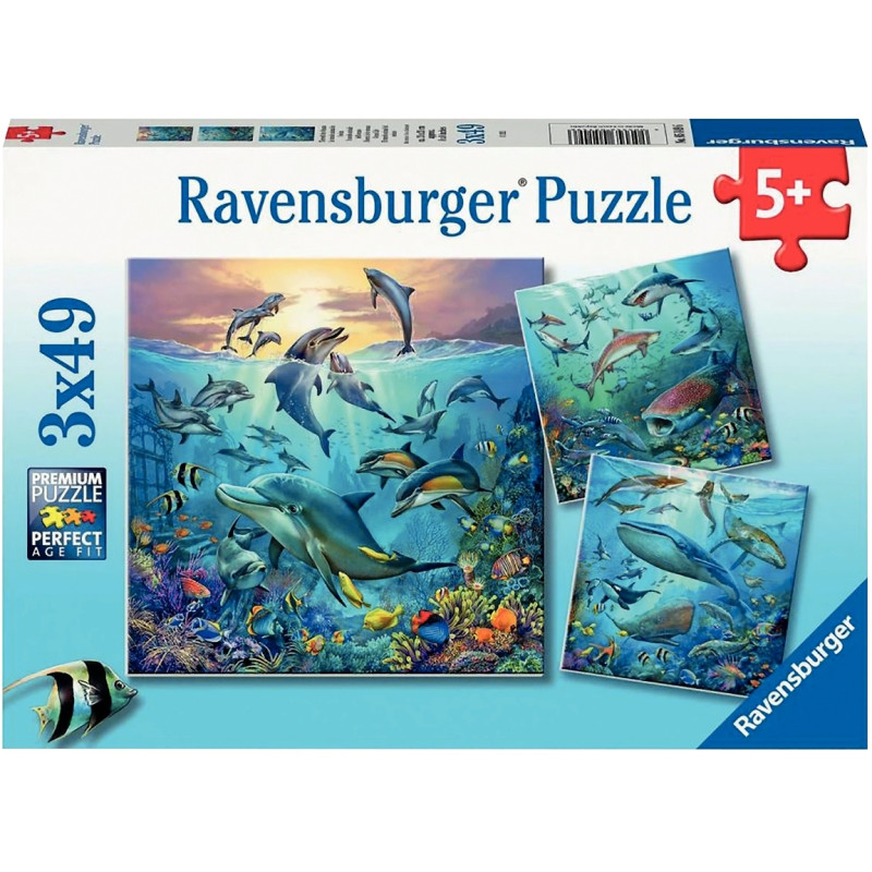 Lot de 3 puzzles 49 pièces en carton, le monde animal de l'océan
